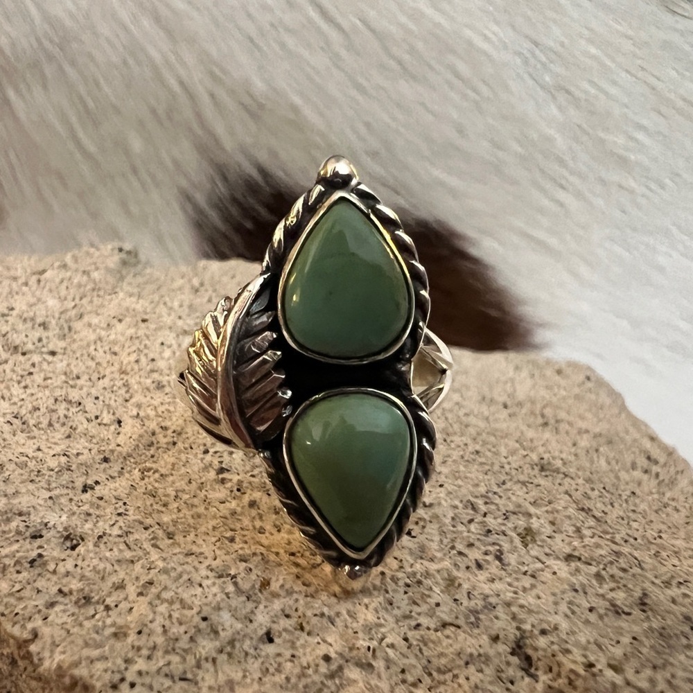 ❤️ Kingman Turquoise 2 Stone Statement Ring Southwestern Navajo Style Size 8.75 - Picture 4 of 13